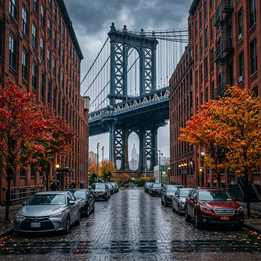 Start frame — Dumbo street toward Manhattan Bridge